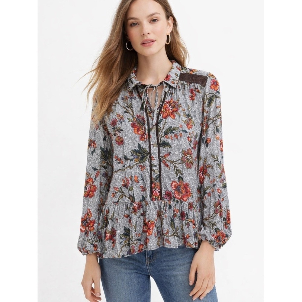 Maeve Anthro Floral Peplum Blouse Tie Neck Oversized M- $118
